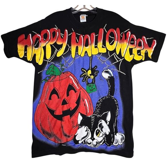 Happy Halloween Tops - Vtg Halloween Pumpkin Kitty 1996 90s All Over Print T-shirt Unisex Sz L Costume
